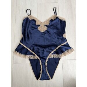 Vintage Delicates Lingerie Teddy Sz M Blue‎ Satin Lace Flutter Side